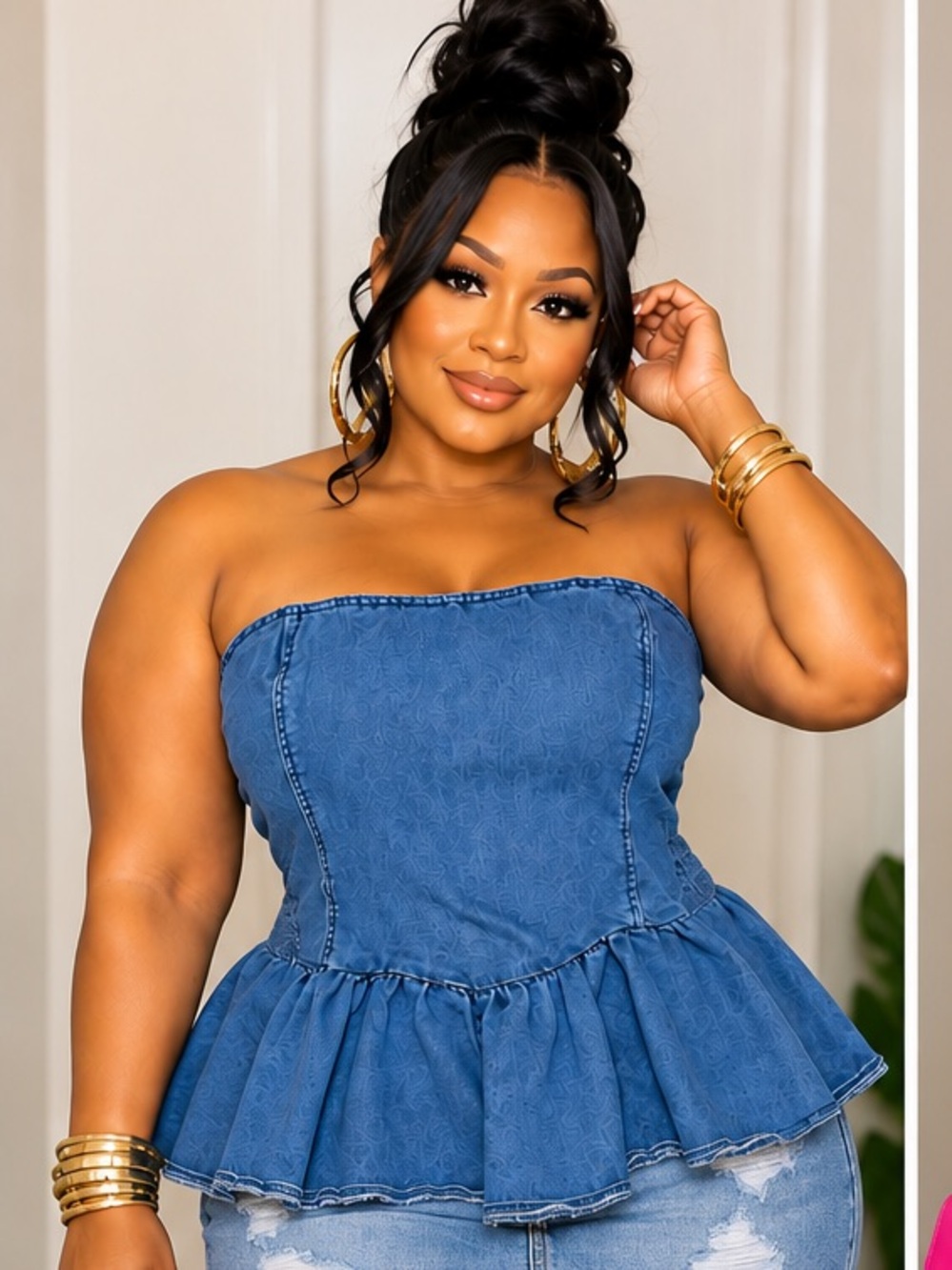 Denim Blue Strapless Peplum Top